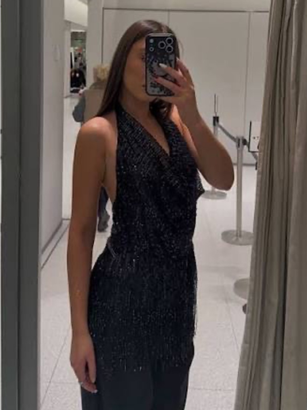 Zara Black Sequin Backless Halter Top